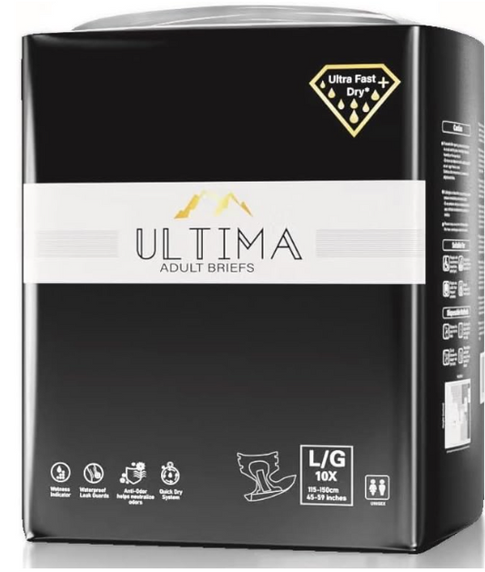 Ultima, Adult Disposable Breifs/Diapers +12 hour absorbency for overnight use.